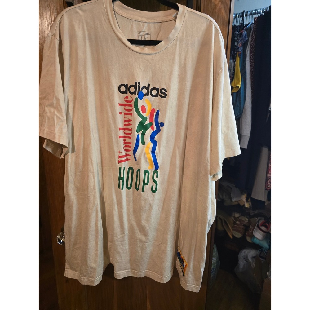 Adidas Worldwide Hoops Basketball Graphic Tshirt Cream Marbled Mens 3XL Loose